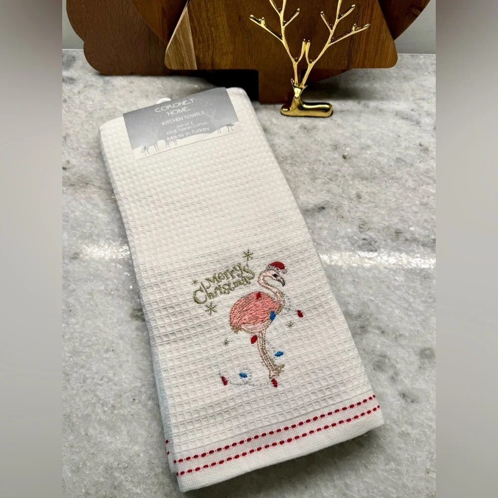 New Merry Christmas Pink Flamingo Turkish Cotton Kitchen Towels Set of 2